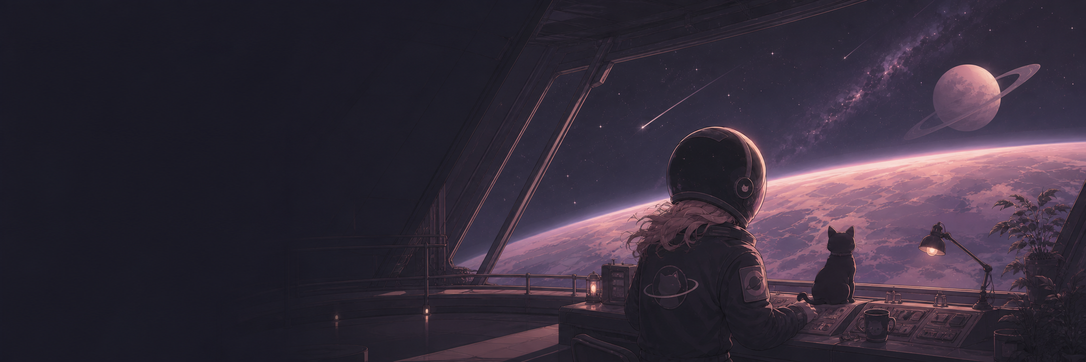 An astronaut and a cat at the observation terminal of a quiet starbase